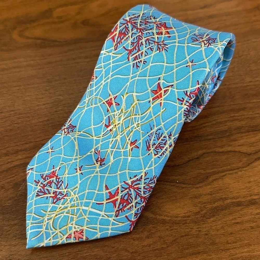J.McLaughlin 100% Silk Coral Reef Tie - Ocean Blue Red Gold 61”